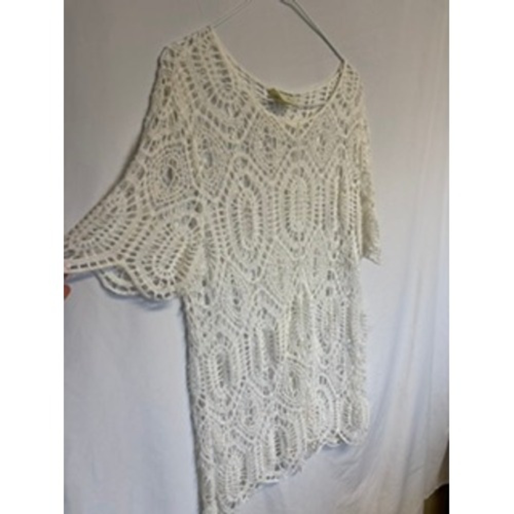 Bedford Fair White Crochet Tunic Top‎ Short Sleeve Scalloped XL Beach Coverup